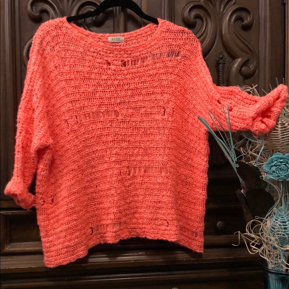 BLVD Distressed Knit Sweater - Coral